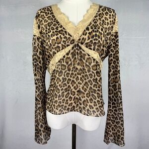 Moda International Y2K Boho Glam Leopard Lace Trim Fairy Grunge Mob Wife Top M